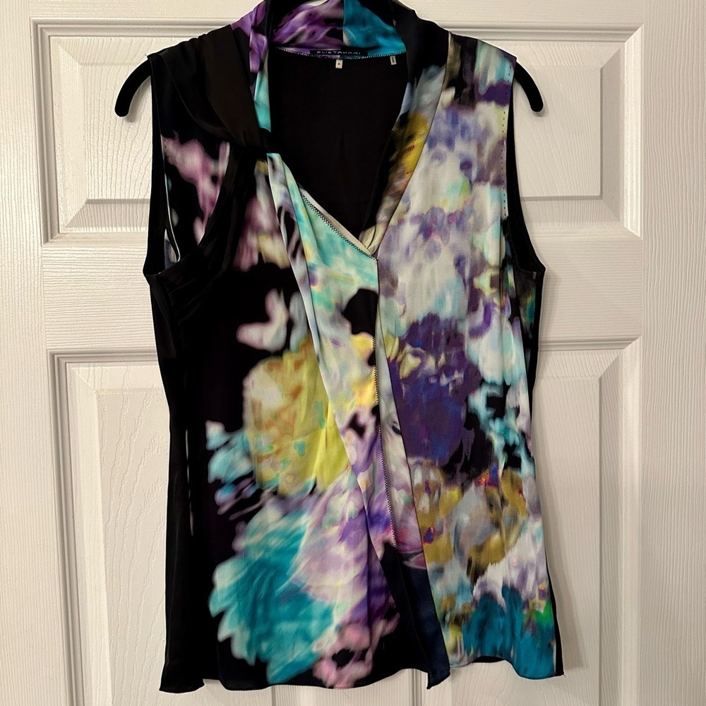 ELIE TAHARI S Blue Purple Black Silk Abstract Blouse R $295 - Picture 8 of 14